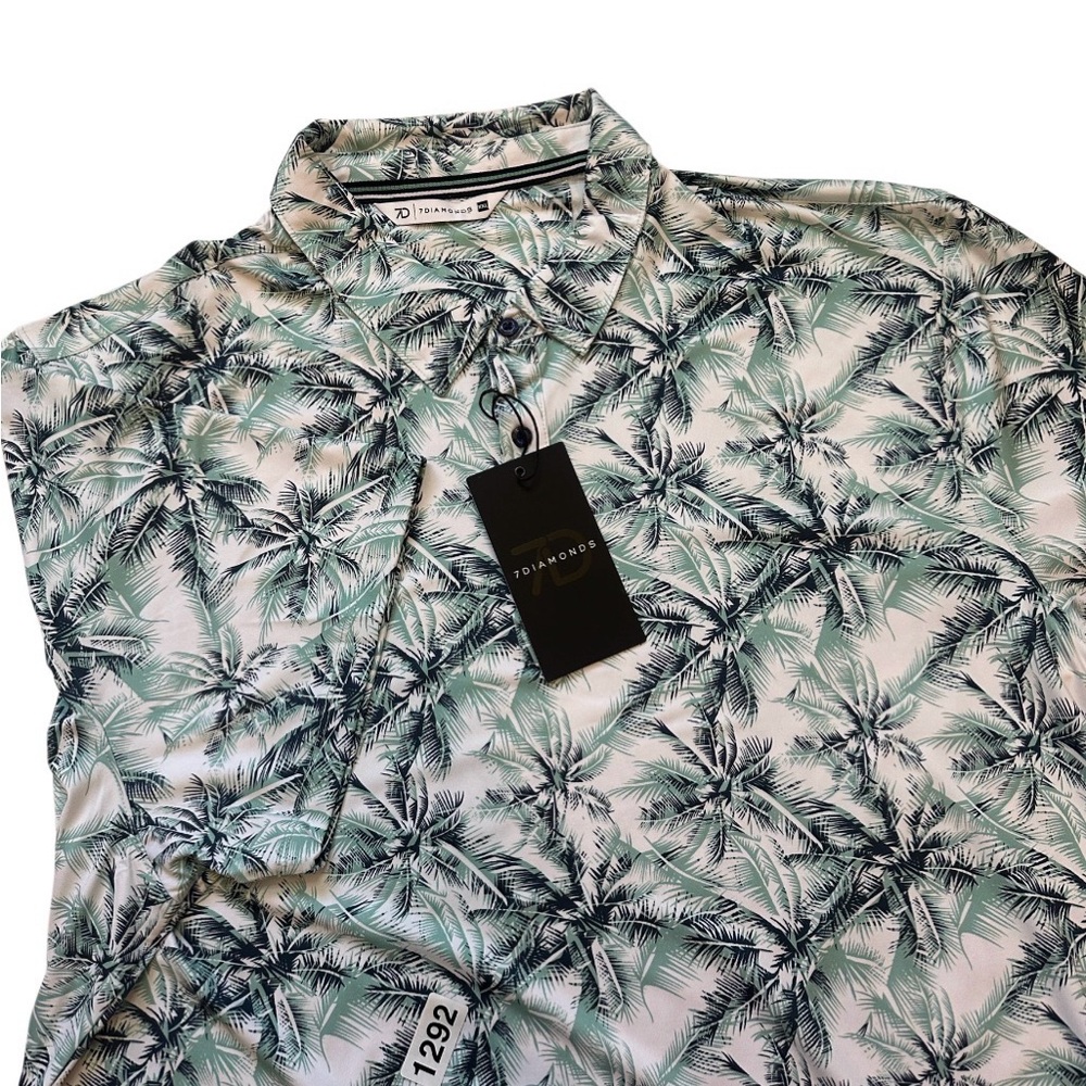 7 Diamonds Tropical Palm Print Polo Shirt Green and White mens XXL short sleeves